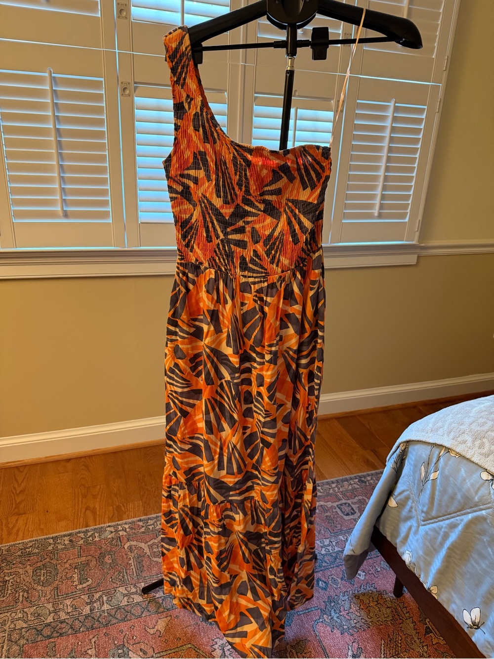 Nine West One-Shoulder Orange & Black Abstract Maxi Dress
